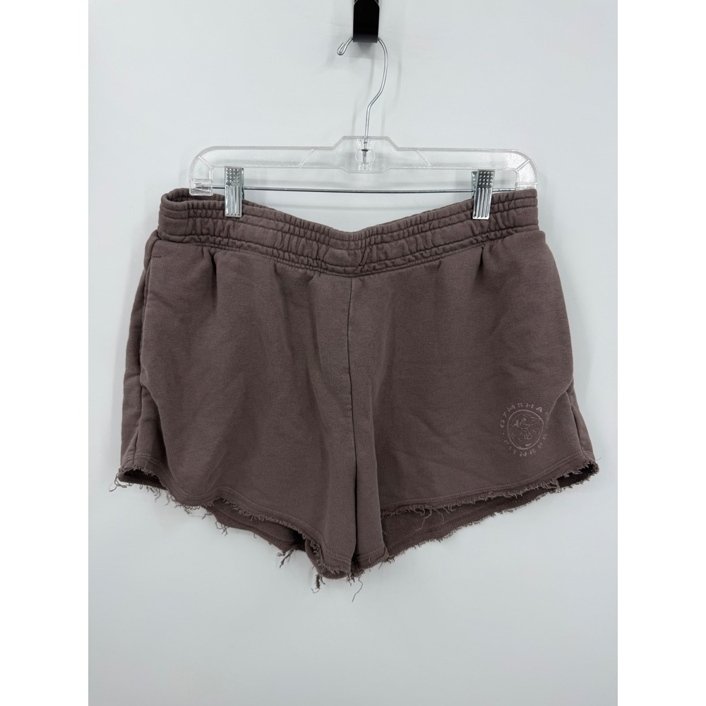 Gymshark Heritage Sweat Shorts Women Large Brown Raw Hem Graphic Athletic